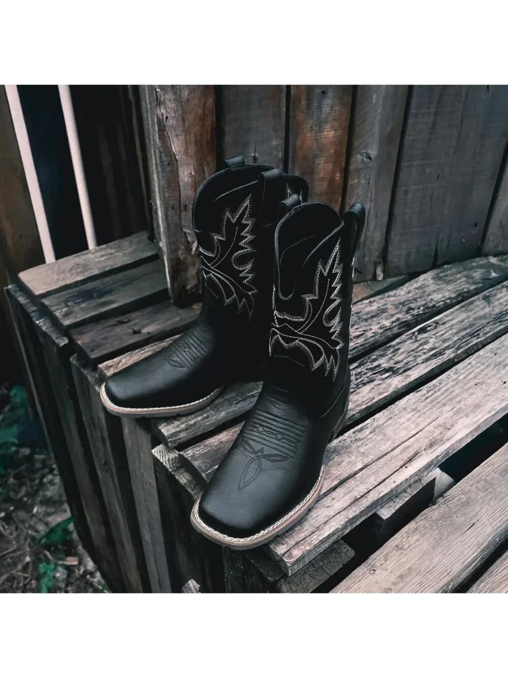 Men's Black White Faux Leather Slip On Square Toe With Embroidered Cowboy Boot